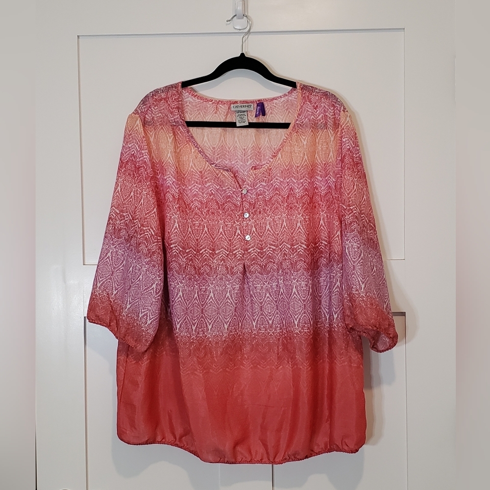 Catherines Size 2X Petite Tunic Blouse Pink White Orange Purple Light Semi-Sheer